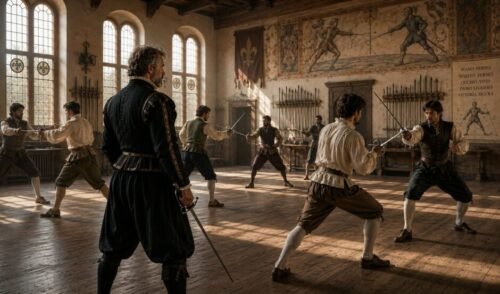 A Renaissance fencing master instructing students inside a European salle while demonstrating rapier techniques.