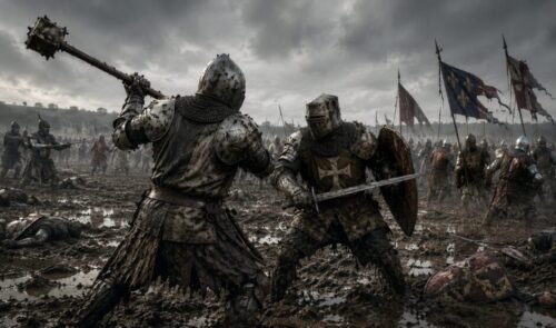 Armoured knights and soldiers engaged in brutal hand-to-hand combat across a muddy medieval battlefield.