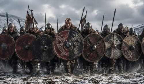 Viking warriors standing shoulder-to-shoulder behind overlapping shields, preparing for battle in a shield wall formation.