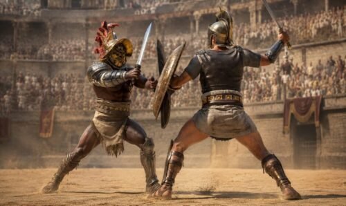 Two gladiators fighting in a Roman arena before a large crowd, armed with swords and shields.