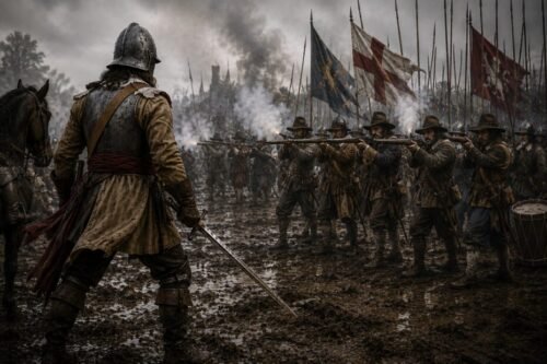 An armoured soldier makes a final stand as musketeers advance across a smoky early-modern battlefield.