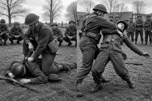 Military instructors demonstrating practical hand-to-hand combat techniques to soldiers during World War II training.
