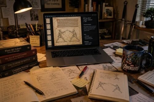 A researcher’s desk covered with historical fencing manuals, notes, sketches, and a laptop displaying digitised European martial arts manuscripts.
