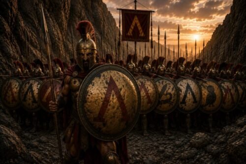 A Spartan shield wall blocks a narrow mountain pass, bronze shields and spears forming an impenetrable barrier beneath a dramatic sky.