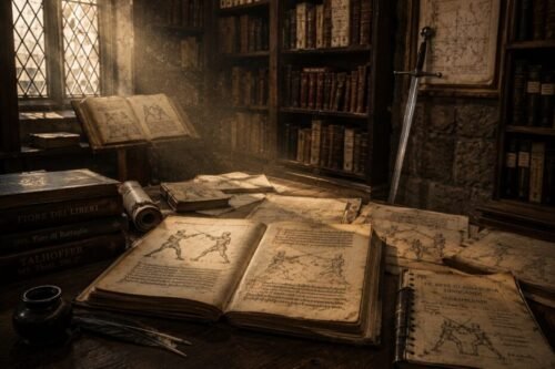 Ancient fencing manuals, treatises, and historical manuscripts lie open inside a dim archive, illuminated by sunlight filtering through dust-filled air.