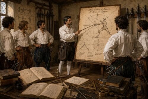 A Renaissance fencing master instructs students in swordsmanship, using demonstrations and geometric concepts to teach positioning, timing, distance, and angles.
