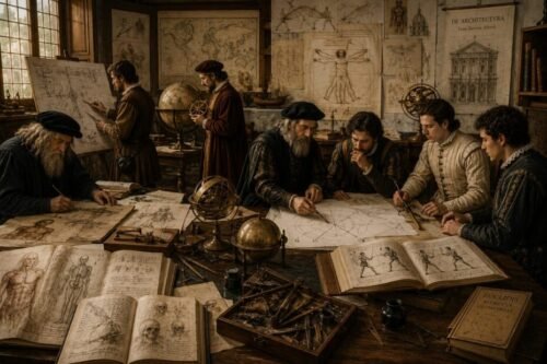 A bustling Renaissance workshop filled with maps, globes, navigation instruments, engineering sketches, anatomical studies, mathematical diagrams, fencing manuals, and scholars engaged in study and discussion.