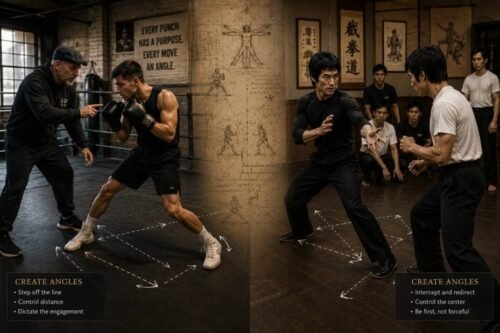Split image showing a boxing coach teaching footwork and angle creation in a modern gym alongside Bruce Lee instructing students in Jeet Kune Do, highlighting shared principles of timing, movement, positioning, and tactical decision-making.