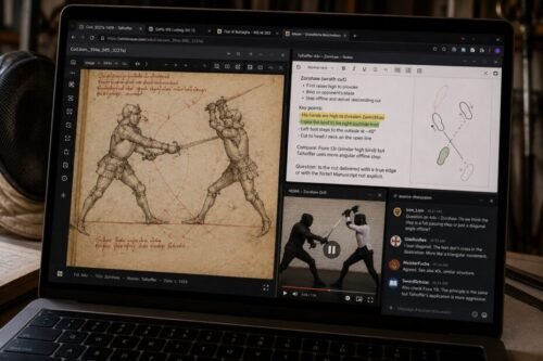 Close-up of a laptop displaying digitised fencing manuals, translation notes, research discussions, and HEMA training footage used to study historical martial arts.