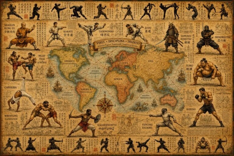 Vintage-style world map surrounded by illustrations of martial arts from around the world, including Shaolin Kung Fu, Karate, Taekwondo, Judo, Wrestling, Boxing, Muay Thai, Capoeira, Kalaripayattu, Sumo, Samurai swordsmanship, Shinobijutsu, Pankration and European fencing, presented on an antique parchment background.