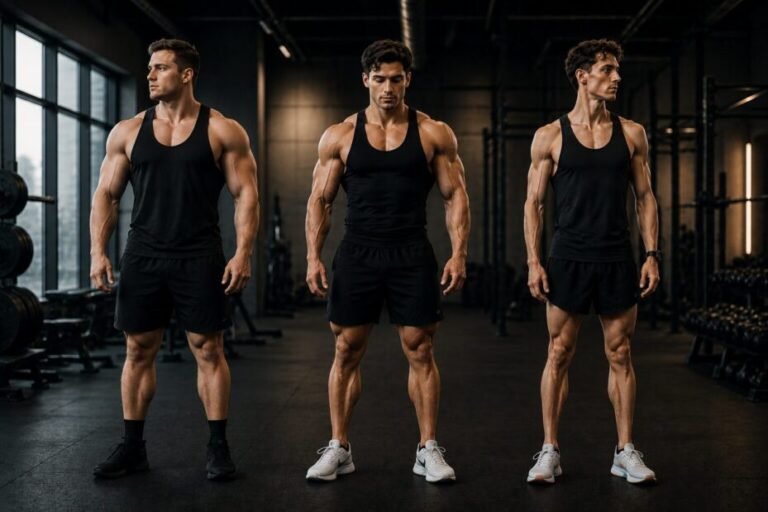 Three male athletes with different body types standing side by side in a gym, representing strength-focused, muscular, and lean athletic physiques for somatotype comparison.