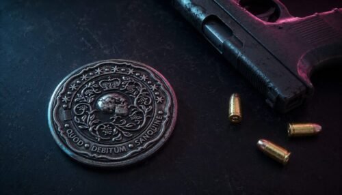 A blood oath marker and pistol resting on a table, symbolising the contracts, debts, and codes of the John Wick underworld.