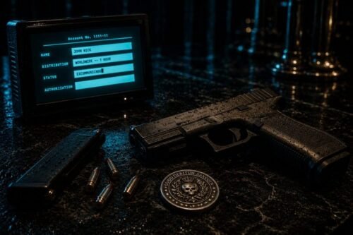 Neon-lit assassin equipment including a handgun, ammunition, magazine, blood marker, and Excommunicado terminal screen from the John Wick universe.