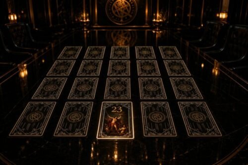 Rules of Engagement cards arranged on a black glass council table with card twenty-three revealed, representing the authority of the High Table in the John Wick universe.