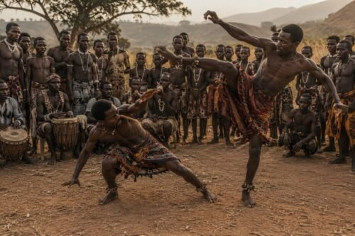 AI reconstruction of Engolo practitioners performing a ritual combat game in southern Angola, often cited as a possible influence on the development of Capoeira.