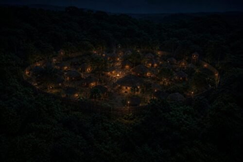 AI reconstruction of a fortified quilombo hidden within the Brazilian forest, showing wooden palisades, watchtowers, and homes occupied by escaped slaves.