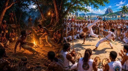 Split image showing an early Capoeira gathering hidden in a forest clearing alongside a modern public roda attended by practitioners and spectators.