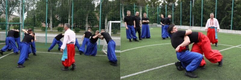 Cossack warriors engaged in traditional wrestling and hand-to-hand combat training on the steppes, demonstrating strength, balance, and grappling skills.