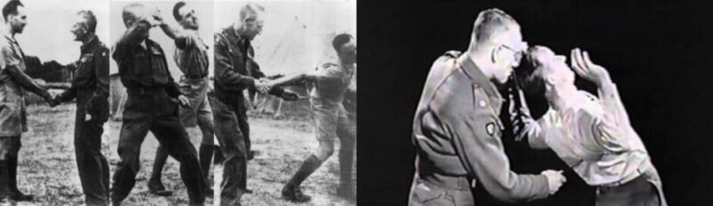 Illustration of practitioners demonstrating Defendu techniques, showcasing the close-quarters strikes, escapes, and self-defence methods developed by William E. Fairbairn.