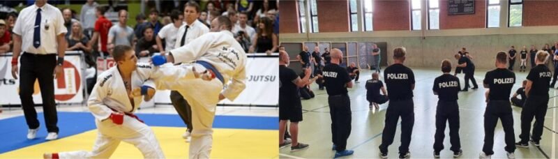 Practitioners demonstrating Deutsches Ju-Jutsu techniques, combining strikes, throws, joint locks, and grappling in a practical self-defence setting.