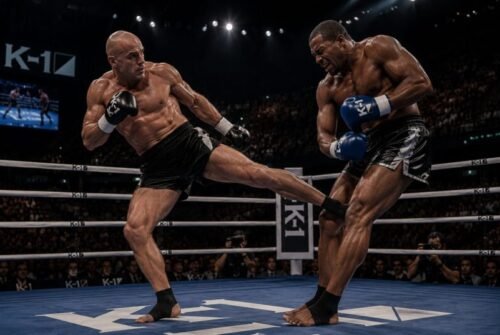 A Dutch kickboxer delivering a low kick during competition, representing the technical skill and enduring martial traditions of Northern Europe.