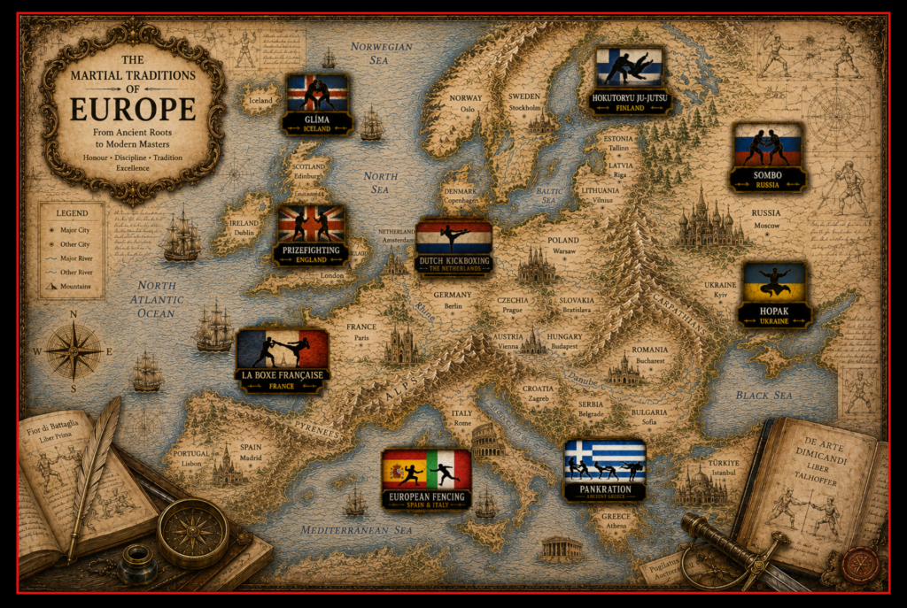 Composite image featuring European martial arts from different eras, including ancient pankration, medieval fencing, boxing, wrestling, military combatives, and modern MMA.