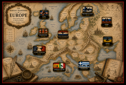 Composite image featuring European martial arts from different eras, including ancient pankration, medieval fencing, boxing, wrestling, military combatives, and modern MMA.