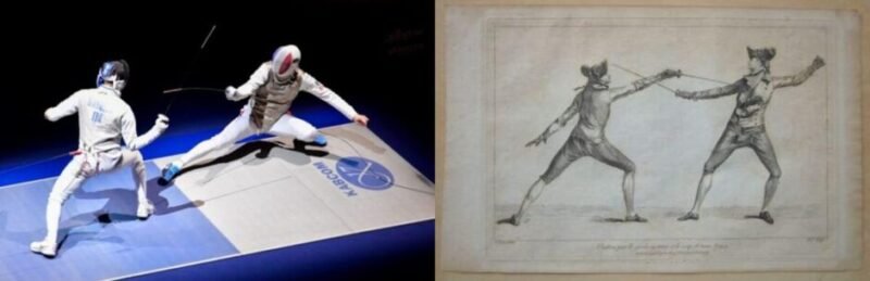 Illustration of French fencers demonstrating techniques from La École Française d'Escrime, highlighting precision, timing, footwork, and classical fencing principles.