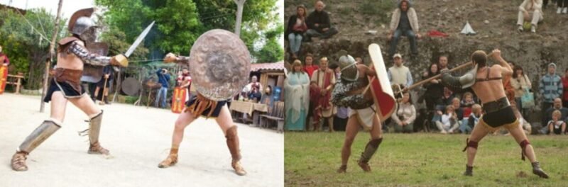 Modern martial artists train historical European combat techniques using reconstructed weapons and protective equipment during a Gladiatura Moderna training session.