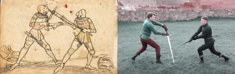 Split image showing a medieval illustration from Fiore dei Liberi's Fior di Battaglia alongside modern HEMA practitioners training comparable grappling, dagger, or weapon techniques.