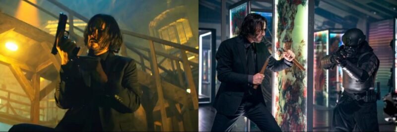 John Wick demonstrating his signature Gun-Fu fighting style during a combat sequence.