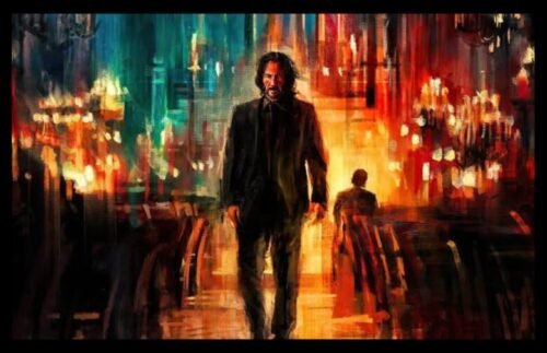 John Wick walking through a neon-lit assassin underworld, dressed in a black suit and surrounded by the atmosphere of the Continental and the High Table.