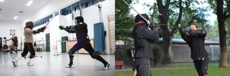Practitioners demonstrating techniques from Kunst des Fechtens, including longsword fencing, grappling, and close-quarters combat based on medieval German martial traditions.