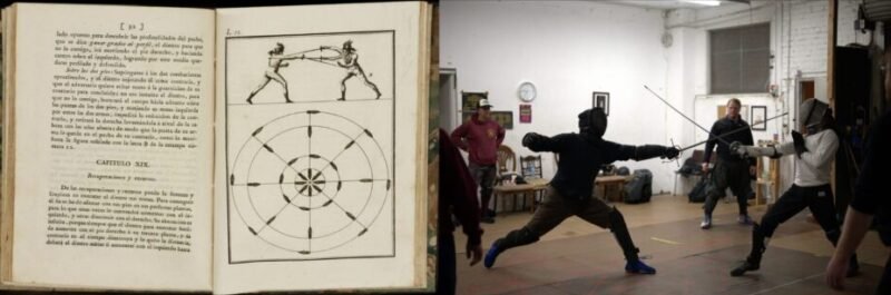 Split image showing a historical rapier duelling illustration alongside modern HEMA practitioners training rapier fencing techniques in a contemporary salle.
