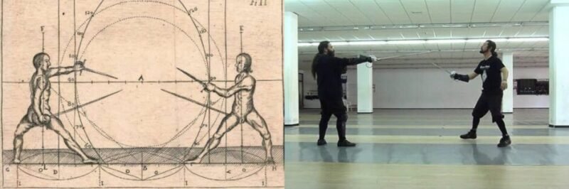 Illustration of Spanish swordsmen demonstrating techniques from La Verdadera Destreza, emphasising precise footwork, positioning, and rapier fencing principles.
