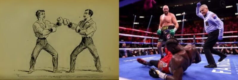 Split image showing Victorian boxers competing under the Marquess of Queensberry Rules alongside Tyson Fury knocking down Deontay Wilder in a modern professional boxing match.