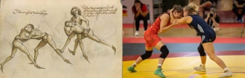 Two practitioners demonstrating Ringen techniques, including grappling, throws, and joint locks from the traditional German wrestling system.