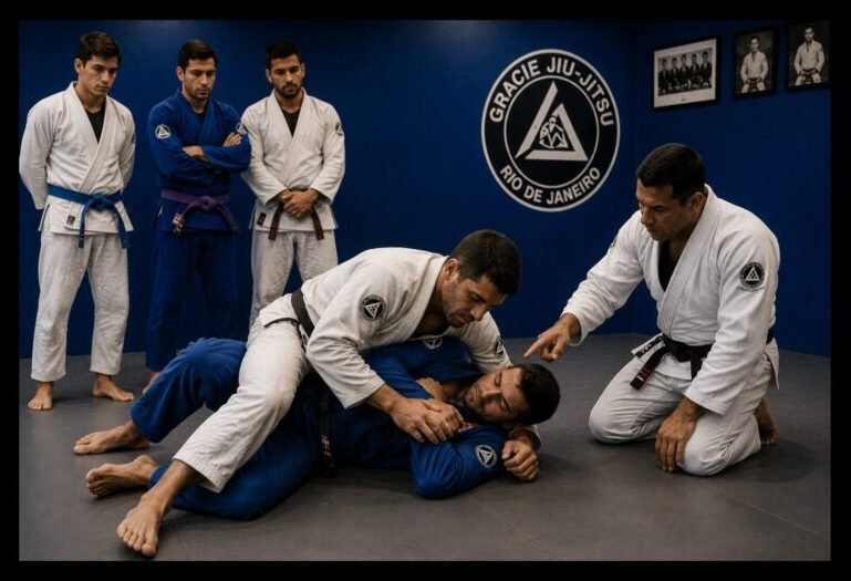 Brazilian Jiu-Jitsu instructor demonstrating a side control technique to students during a class while other practitioners observe and learn.