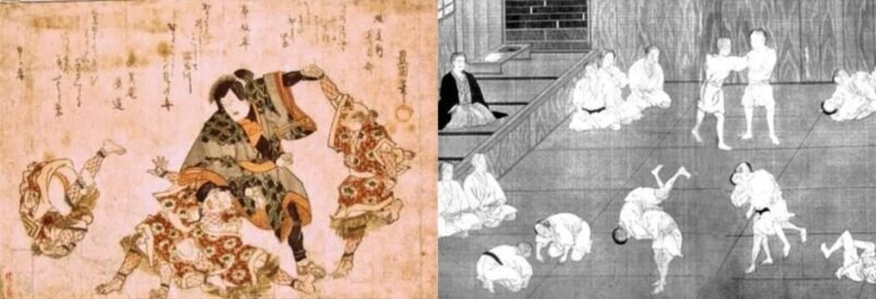 Historic Japanese illustrations depicting samurai practising traditional jujutsu grappling and self-defence techniques.