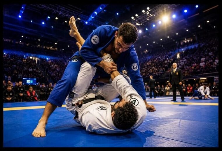 Brazilian Jiu-Jitsu competitors grappling during a tournament match, demonstrating the technical skill and live sparring that define the modern sport.