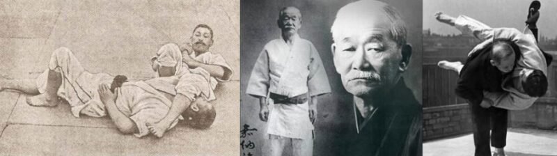 Historical photographs showing Jigoro Kano teaching students alongside a portrait of the founder of Kodokan Judo.
