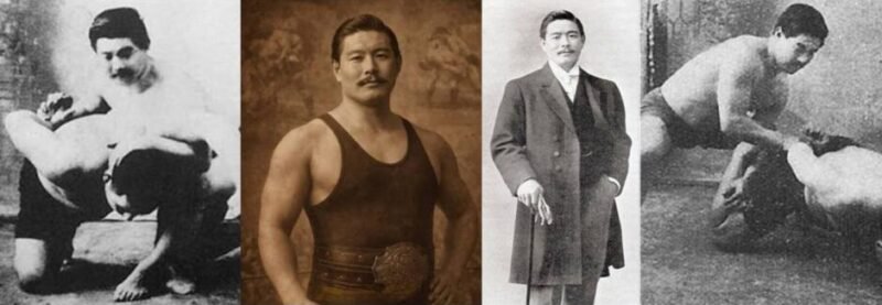 Historic photographs of Mitsuyo Maeda demonstrating judo techniques and posing in traditional martial arts attire.