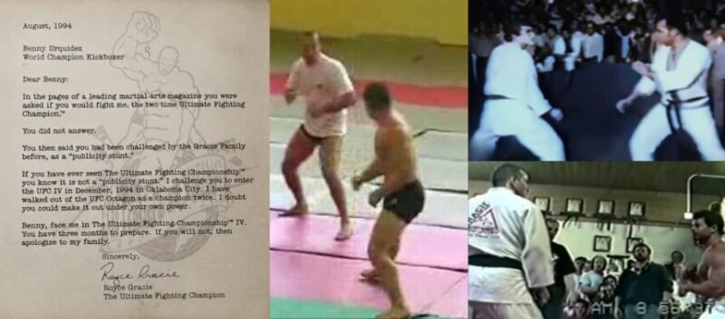 Images of Gracie Challenge matches demonstrating Brazilian Jiu-Jitsu against another fighting style.