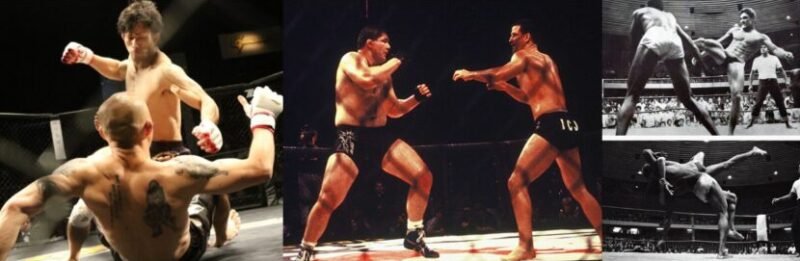 Historic photograph of a vale tudo fight featuring early Brazilian mixed-style combat competition.