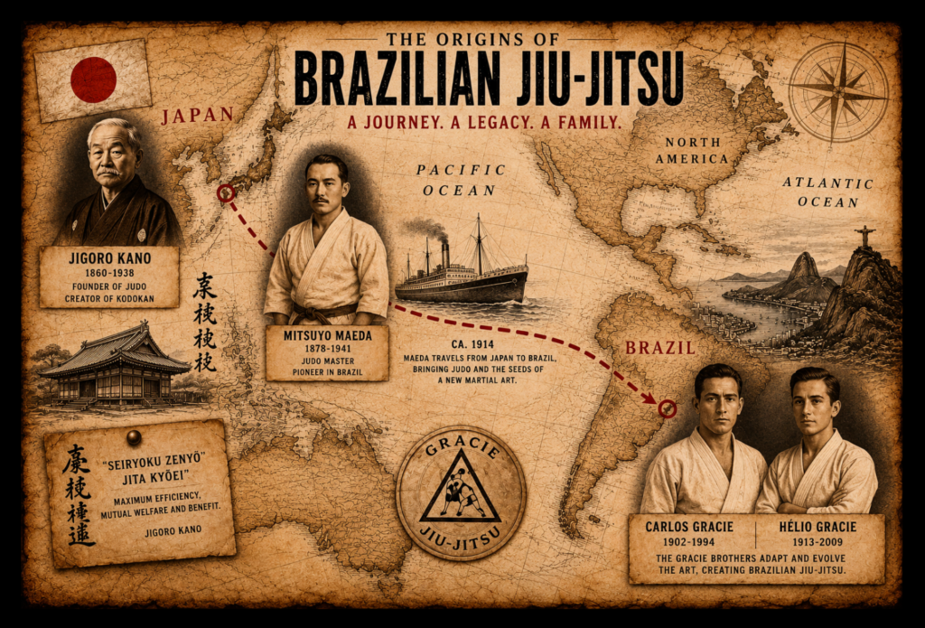 Vintage map tracing the journey of Brazilian Jiu-Jitsu from Japan to Brazil, with portraits of Jigoro Kano, Mitsuyo Maeda, Carlos Gracie and Hélio Gracie.