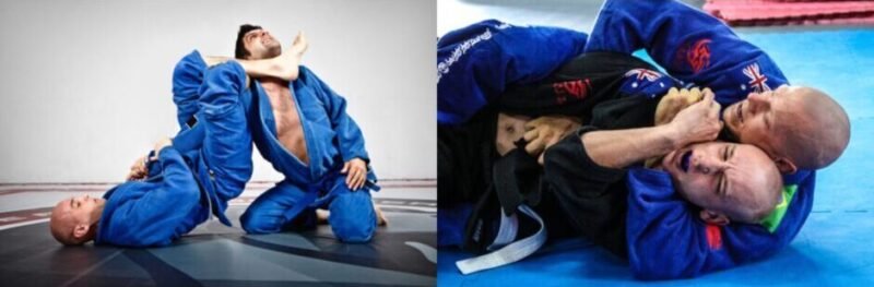 Brazilian Jiu-Jitsu practitioners grappling on the ground during live training, demonstrating positional control and submission techniques.