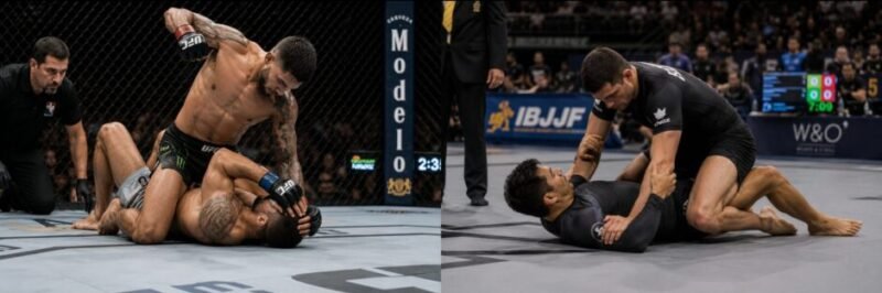Modern No-Gi Brazilian Jiu-Jitsu competition alongside mixed martial arts, highlighting the close relationship between BJJ, submission grappling, and MMA.