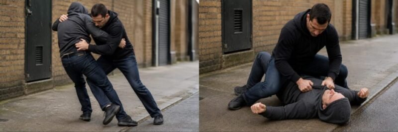 Defender using Brazilian Jiu-Jitsu to establish a dominant mounted position over an aggressor during a realistic self-defence scenario on a city street.