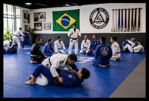 Brazilian Jiu-Jitsu instructor teaching students while practitioners roll on the mats during a Brazilian Jiu-Jitsu class.