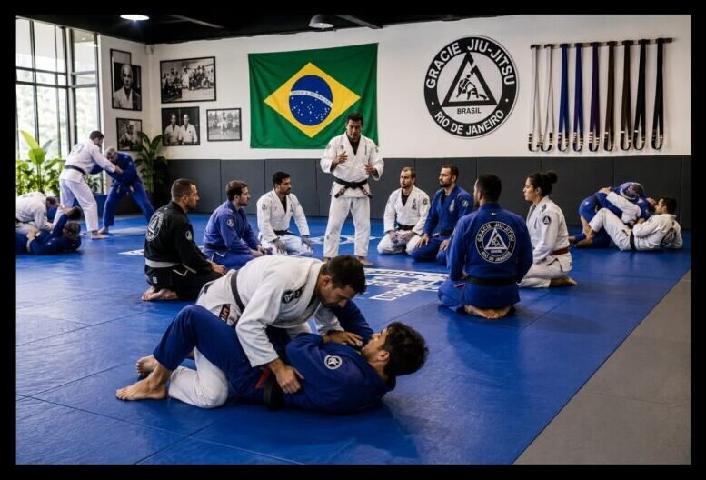 Brazilian Jiu-Jitsu instructor teaching students while practitioners roll on the mats during a Brazilian Jiu-Jitsu class.